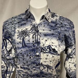 Vintage California Heat Women's Button Down Blouse Tiki Hawaiian Surf Blue White